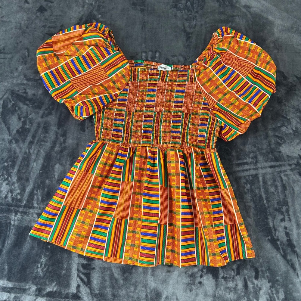 Lapogee Peplum Top Womens 1X Multicolor Kente Print Smocked Puff Sleeve Blouse‎
